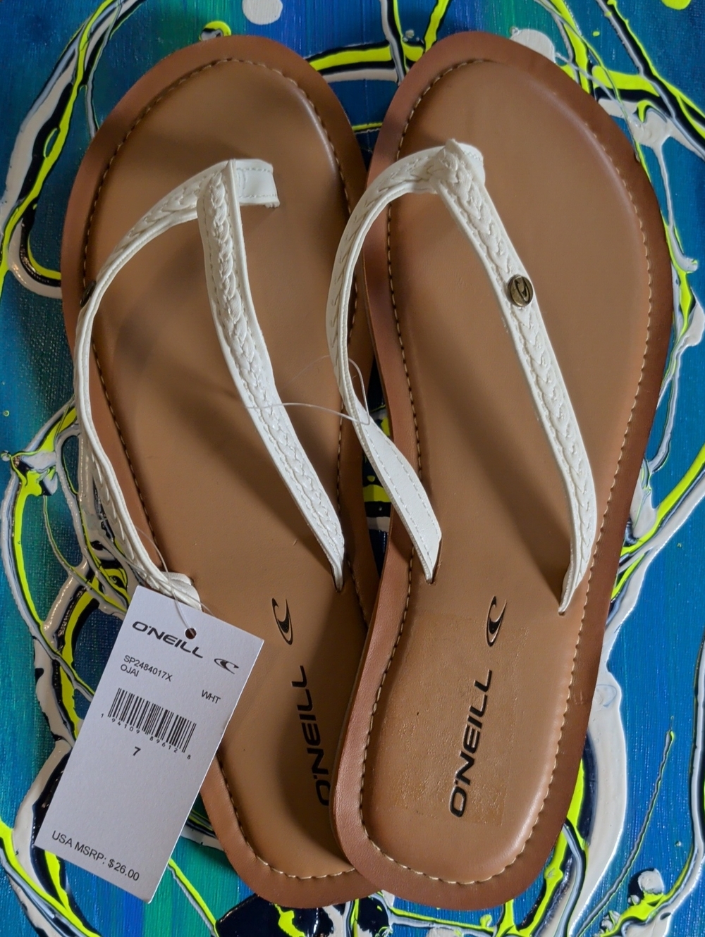 O'Neill White Braided-Strap Brown Footbed Women's Sandals